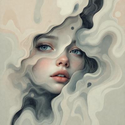 The primary subject of the image is a woman with blue eyes, who is surrounded by a cloudy, swirling background. The visual style of the image is a combination of digital art and illustration, creating a surreal and dreamy atmosphere. The colors in the image are predominantly shades of gray, white, and blue, which contribute to the overall mood of the scene.